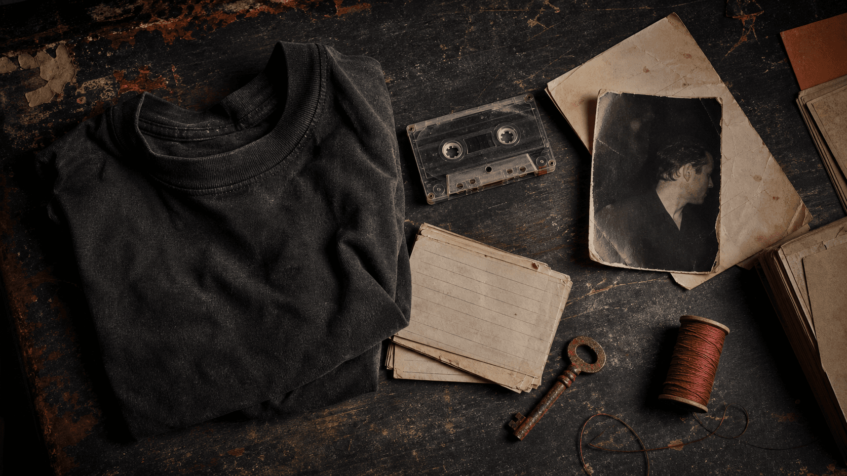 A worn black shirt, cassette, handwritten cards, old photograph, key, and red thread on a battered table