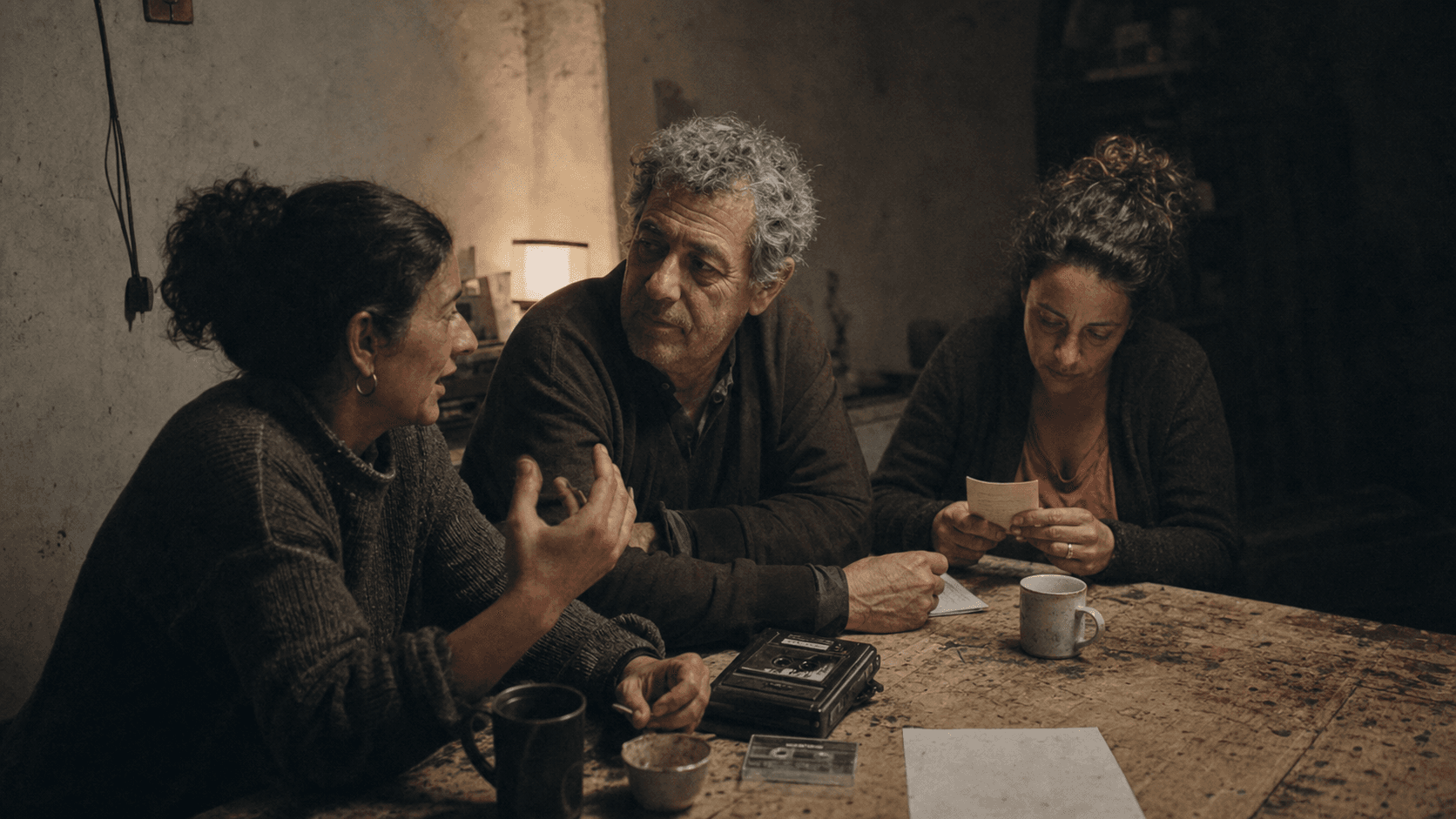 Three adults in attentive conversation around a worn table
